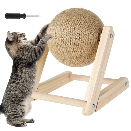 Natural Sisal Cat Scratching Ball Toy with Catnip - Interactive Solid Wood Scratching Post (7x7x6.3 inches) Featuring Rotatable Ball for Indoor Cats and Kittens