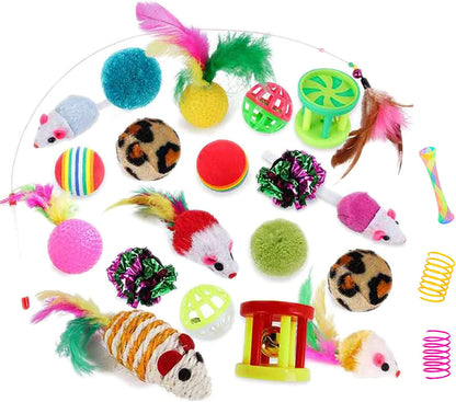 32-Piece Interactive Cat Toy Set with Foldable Rainbow Tunnel, Feather Teaser Wand, Fluffy Mouse, Crinkle Balls, and Bell Toys for Cats and Kittens