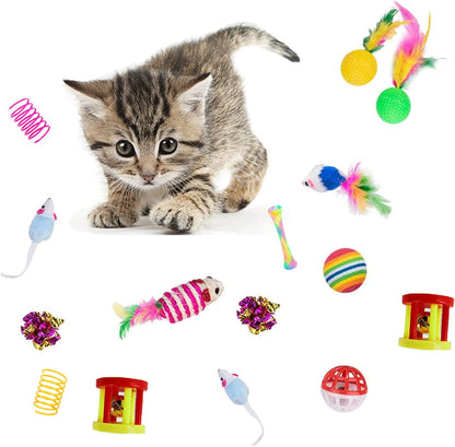 32-Piece Interactive Cat Toy Set with Foldable Rainbow Tunnel, Feather Teaser Wand, Fluffy Mouse, Crinkle Balls, and Bell Toys for Cats and Kittens