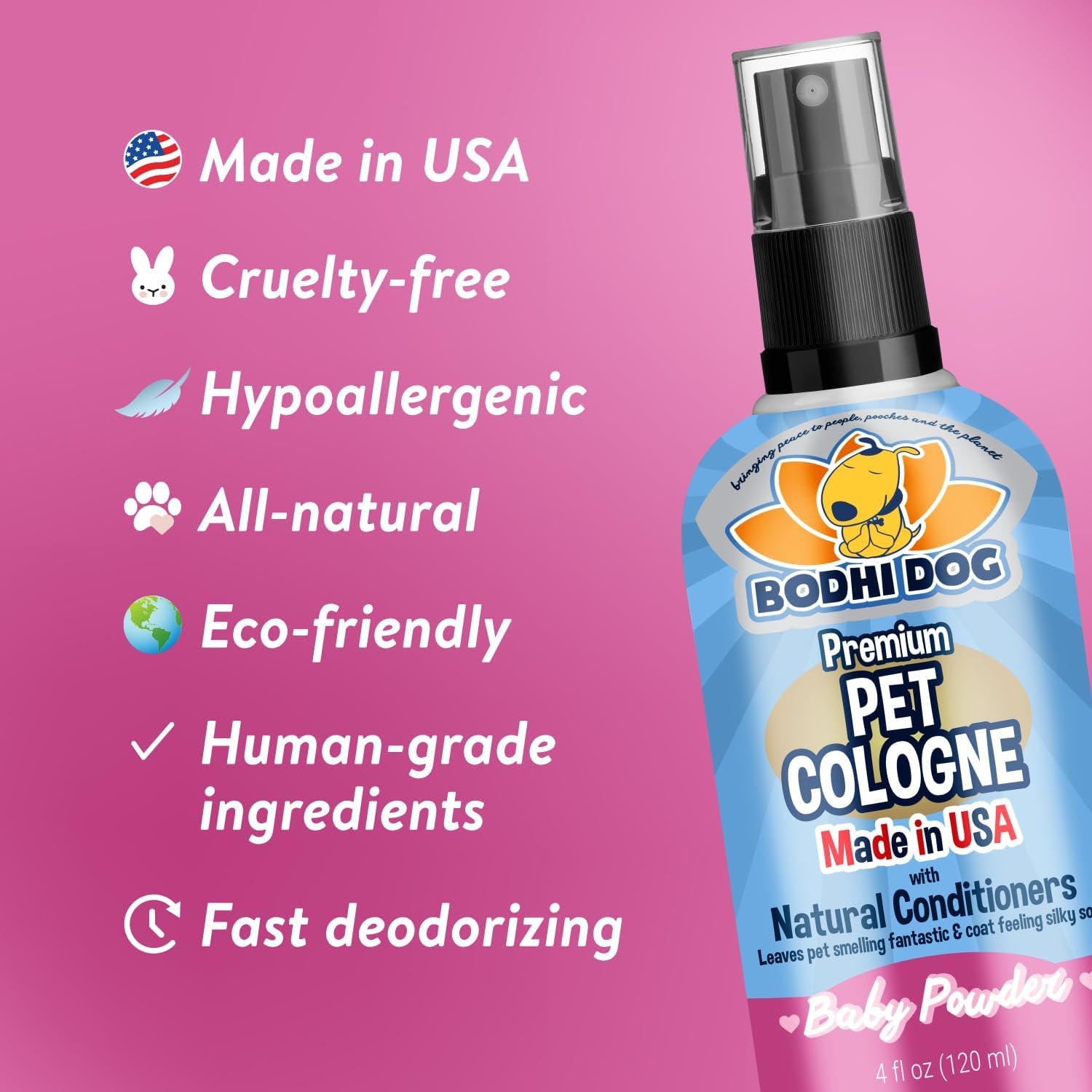 Premium Dog Cologne - Deodorizing Perfume and Conditioner for Dogs and Cats - Natural Long-Lasting Spray - Keeps Pets Fresh All Day - Gentle and Safe Formula, Made in the USA (Baby Powder, 4 Fl Oz)