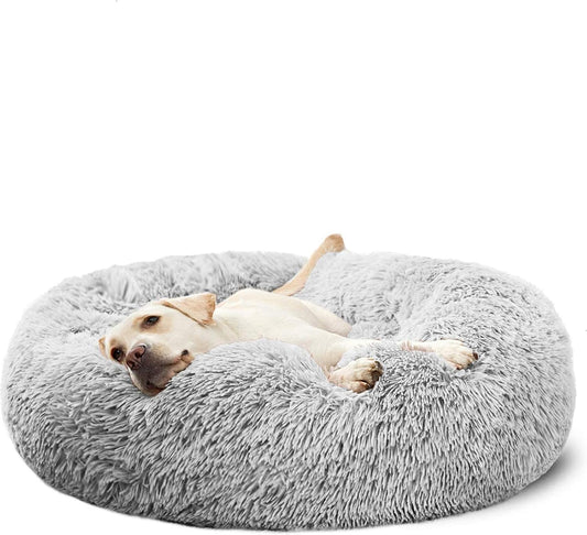 Large Washable Round Fluffy Dog Bed in Gray, 30'' for Enhanced Comfort