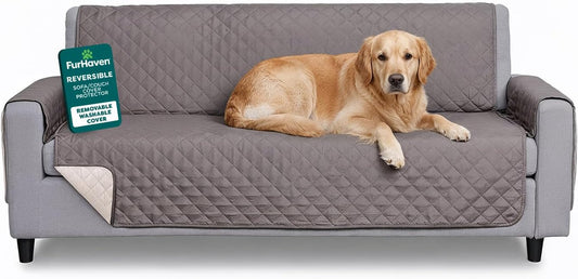 Water-Resistant Reversible Sofa Cover for Pets, Quilted Fabric with Secure Straps, Machine Washable, Large Size, Gray Mist