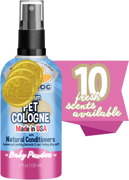 Premium Dog Cologne - Deodorizing Perfume and Conditioner for Dogs and Cats - Natural Long-Lasting Spray - Keeps Pets Fresh All Day - Gentle and Safe Formula, Made in the USA (Baby Powder, 4 Fl Oz)