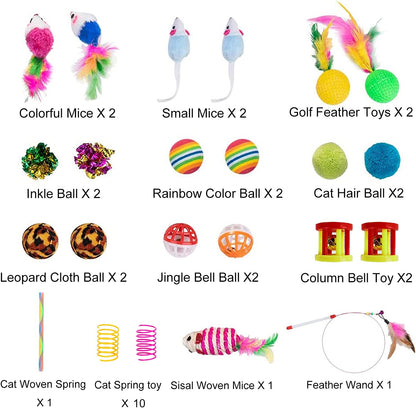 32-Piece Interactive Cat Toy Set with Foldable Rainbow Tunnel, Feather Teaser Wand, Fluffy Mouse, Crinkle Balls, and Bell Toys for Cats and Kittens