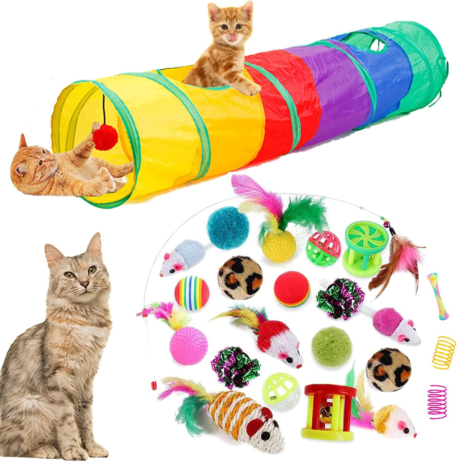32-Piece Interactive Cat Toy Set with Foldable Rainbow Tunnel, Feather Teaser Wand, Fluffy Mouse, Crinkle Balls, and Bell Toys for Cats and Kittens