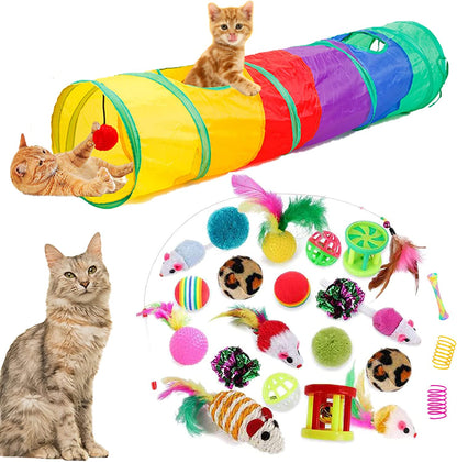 32-Piece Interactive Cat Toy Set with Foldable Rainbow Tunnel, Feather Teaser Wand, Fluffy Mouse, Crinkle Balls, and Bell Toys for Cats and Kittens