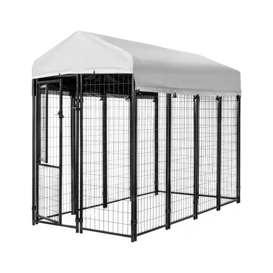 Welded Wire Dog Kennel with Waterproof Cover, Black, 8' x 4' x 6' for Indoor and Outdoor Use