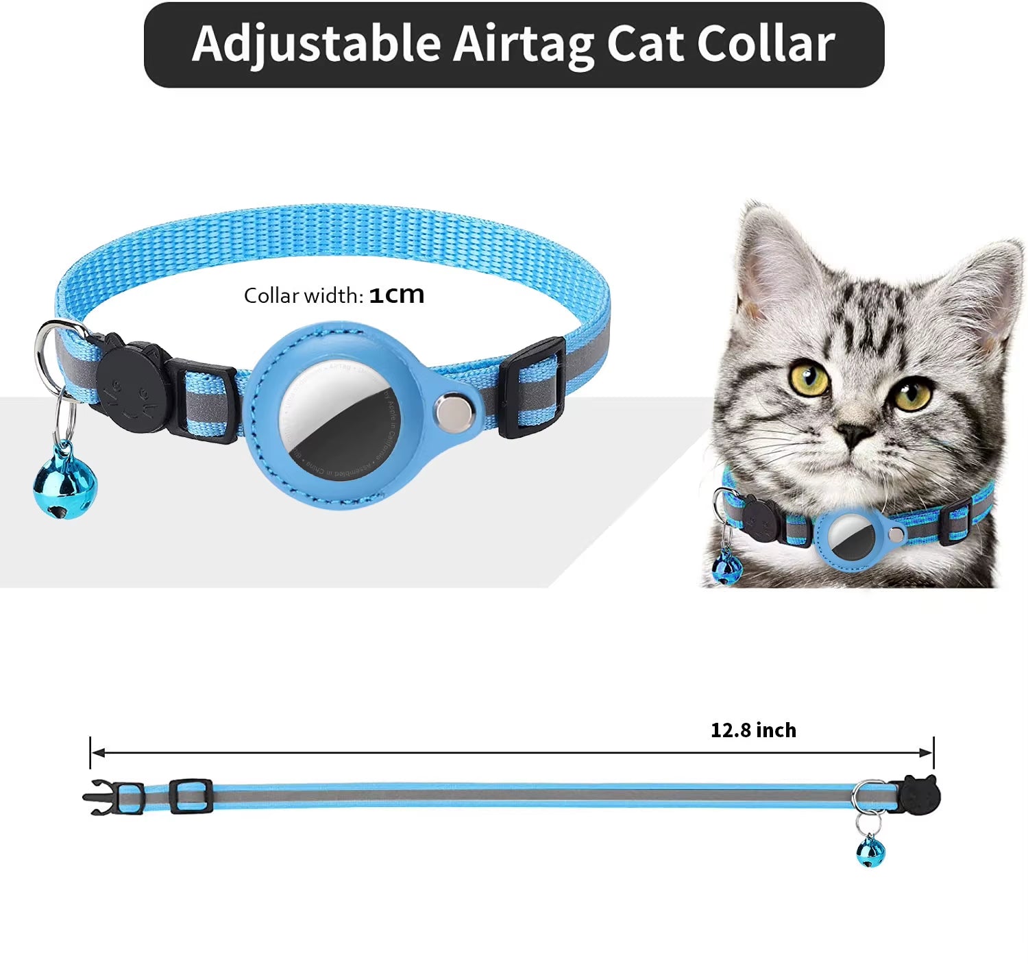 Adjustable Waterproof Cat Collar with Airtag Holder, Breakaway Design, Reflective Strips, and Bell